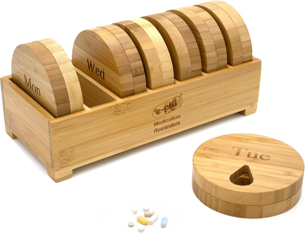 e-Pill Bamboo Weekly Pill מאורגןer, 7 Day Pill Box for Tablet, ויטמינים או תוספים