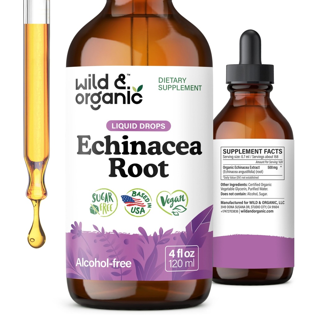 Wild & Organic Echinacea Drops - Immune Support Supplement with Echinacea Angustifolia - נוזל שורש לחלץ טינקטורה - טבעוני, סוכר ואלכוהול חינם - 4 fl oz