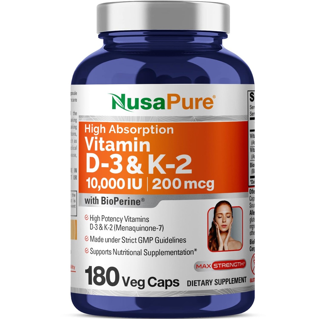 NusaPure ויטמין K2 (MK7) + ויטמין D3 (10000 IU) 180 Veg Caps - Bioperine, Soyfree, non-GMO