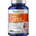 NusaPure ויטמין K2 (MK7) + ויטמין D3 (10000 IU) 180 Veg Caps - Bioperine, Soyfree, non-GMO