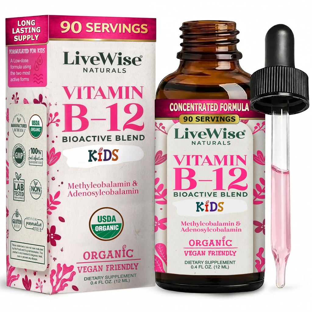 LiveWise Naturals ויטמין B12 טיפות נוזליות לילדים | טוילרים וילדים I Methylcobalamin ו Adenosylcobalamin | USDA אורגני I Vegan | Non-GMO | Getten Free | Low Dose