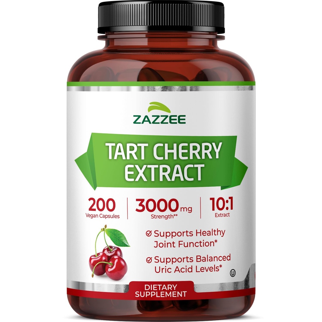 Zazzee Tart Cherry 10:1 לחלץ, 3000 מ"ג כוח, 200 קפסולות טבעוניות, 6+ חודש אספקה, מוסמך כשר, ריכוז וסטנדרט 10X לחלץ, 100% Vegetarian, All-Natural, Gluten Free, non-GMO.