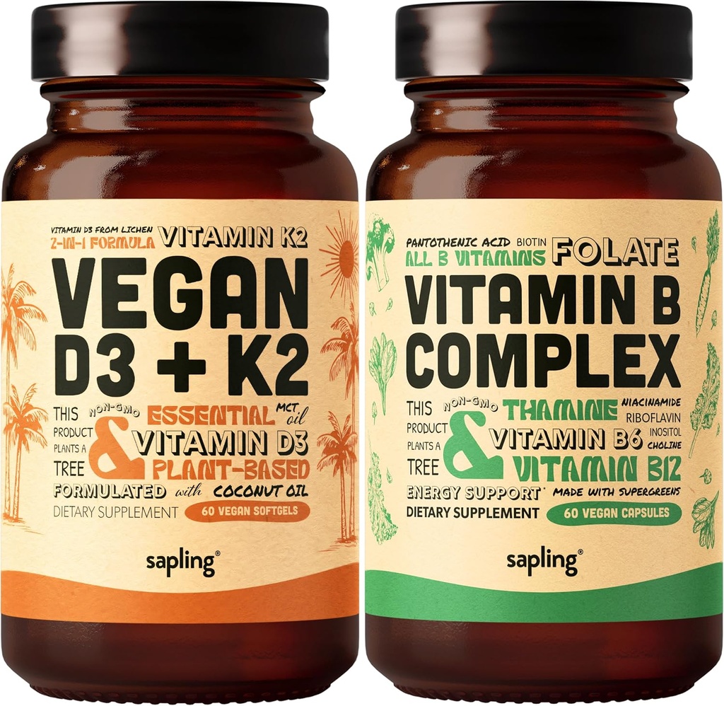 ויטמין D3 + K2 & ויטמין B Complex Bundle - 4000 IU ויטמין D3 ו 100mcg ויטמין K2 כמו Mk7, ויטמין B Essentials עם Whole מזון בלגן, B1, B2, B3, B5, B5, B6, B7, B7, Folate B7, Folate