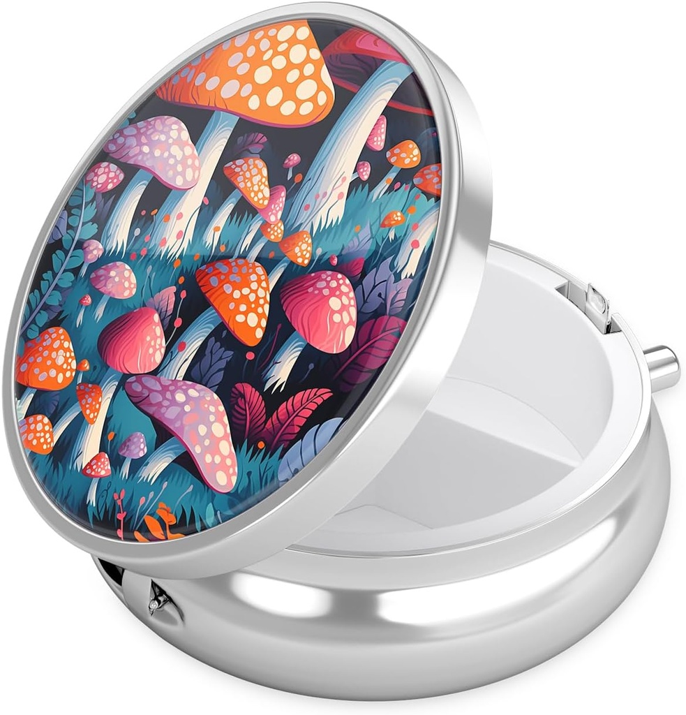 Nipichsha Pill Box, Small Pill Case for Purse & Pocket, Cool Travel Medicineer, Portable Medicine Container Holder to Hold ויטמינים, תרופות, שמן דגים ותוספים, די Mushroom