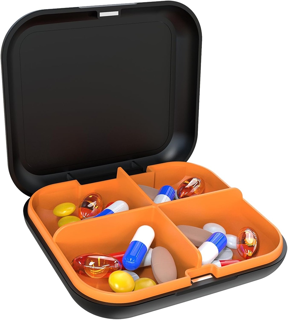 Pill Box Portable Pill Dispensing Box, Travel Portable Pill Box, 4Compartment Daily Portable PillPSKer, המתאים לוויטמינים, תרופות, שמן דגים (Black+Orange)