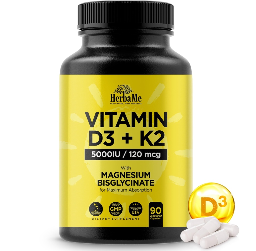 ויטמין D3 5000 IU + K2 עם Magnesium Bisglycinate עבור Max Absorption | 90 קפסולות | תמיכה במזל | קידום הלב, העצמות והבריאות השרירים