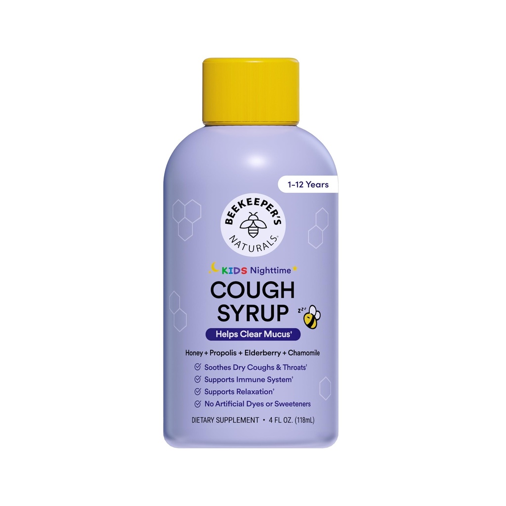 הטבעיות של Beekeeper Propolis דבש Cough Syrup Nighttime עבור ילדים Immune תמיכה עם Propolis, Elderberry & Raw Honey - Sleep Support with Chamomile & L-theanine - Gluten Free, 4 oz.