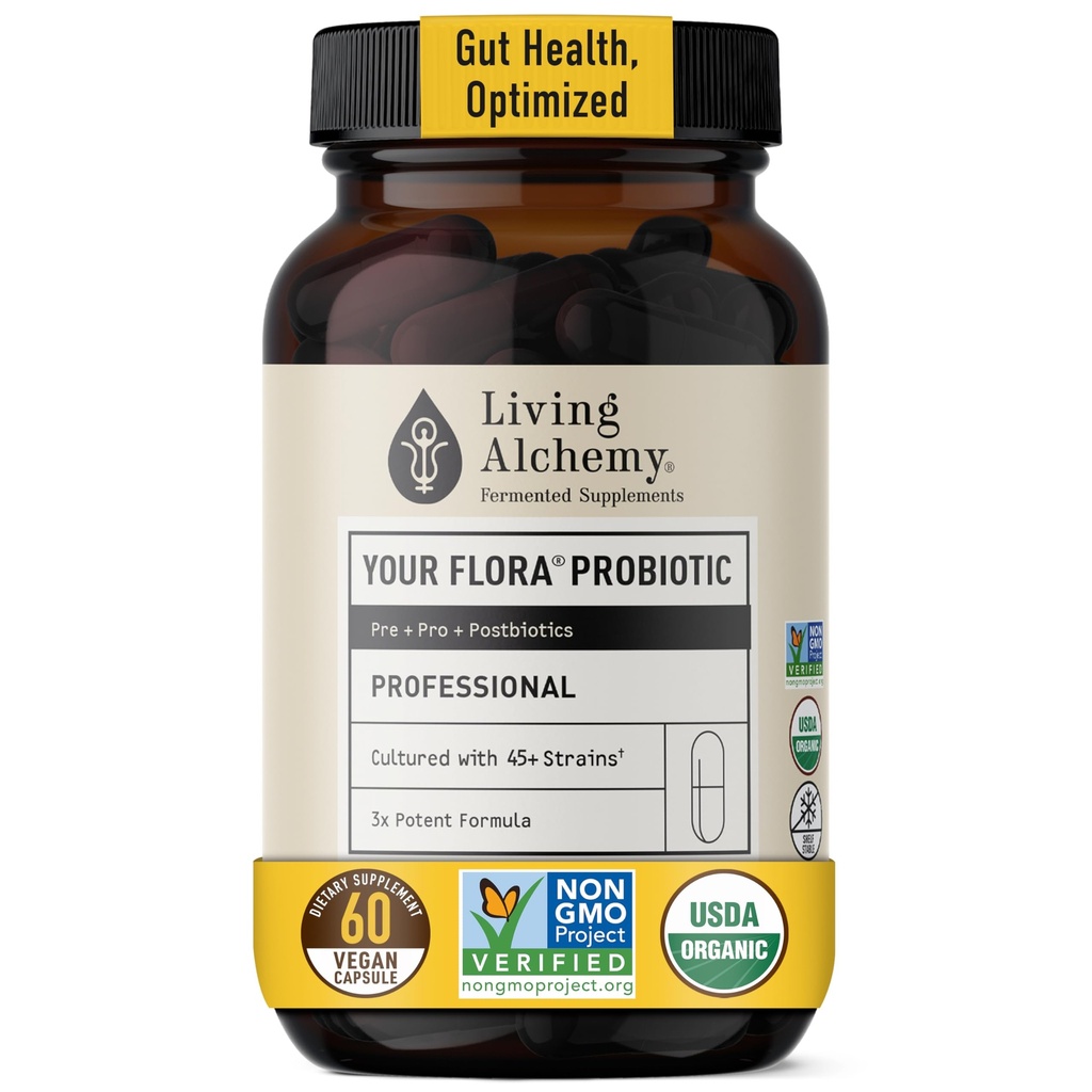 Living Alchemy Gut Health Supplements for Men & Women - תוספי תזונה מקצועית של פלורה פרוביוטית עם Fermented Soybean, Prebiotics, Enzyme - טבעוני, non-GMO, 60 Pcs