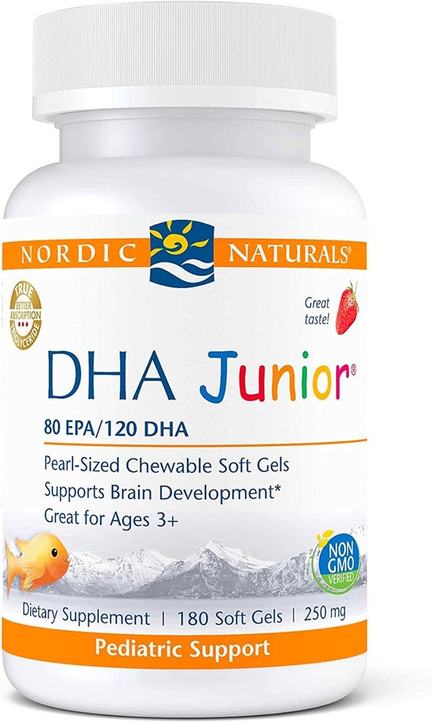 Nordic Naturals Pro DHA Junior, Strawberry - 180 מיני Chewable Soft Gels - 250 מ"ג אומגה 3s עם EPA & DHA - Brain Development & Visual Function - Non-GMO - 45 משרתים