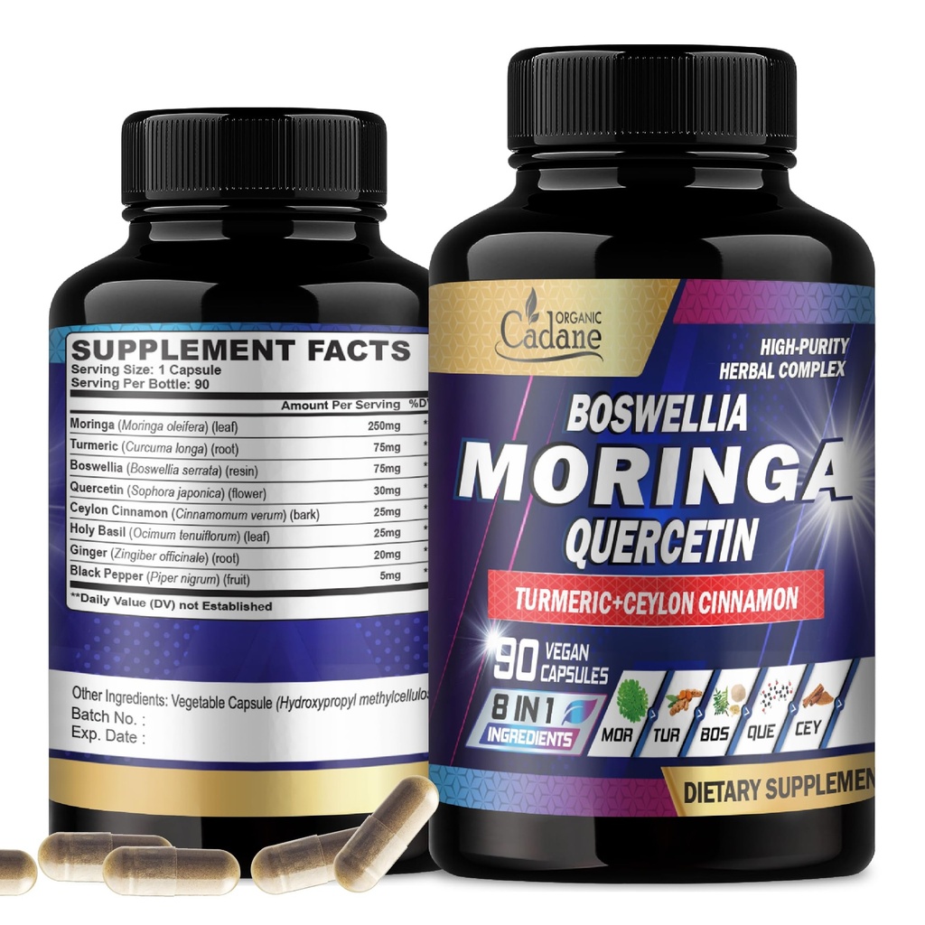 אורגני Cadane Moringa Leaf with Turmeric, Boswellia, Quercetin, Ceylon Cinnamon, Holy בזיל, ג'ינג'ר, ו Black Pepper - 8in1 תוספי מזון - 90 ווג'י קפסולות עבור 3 Monteh Supply