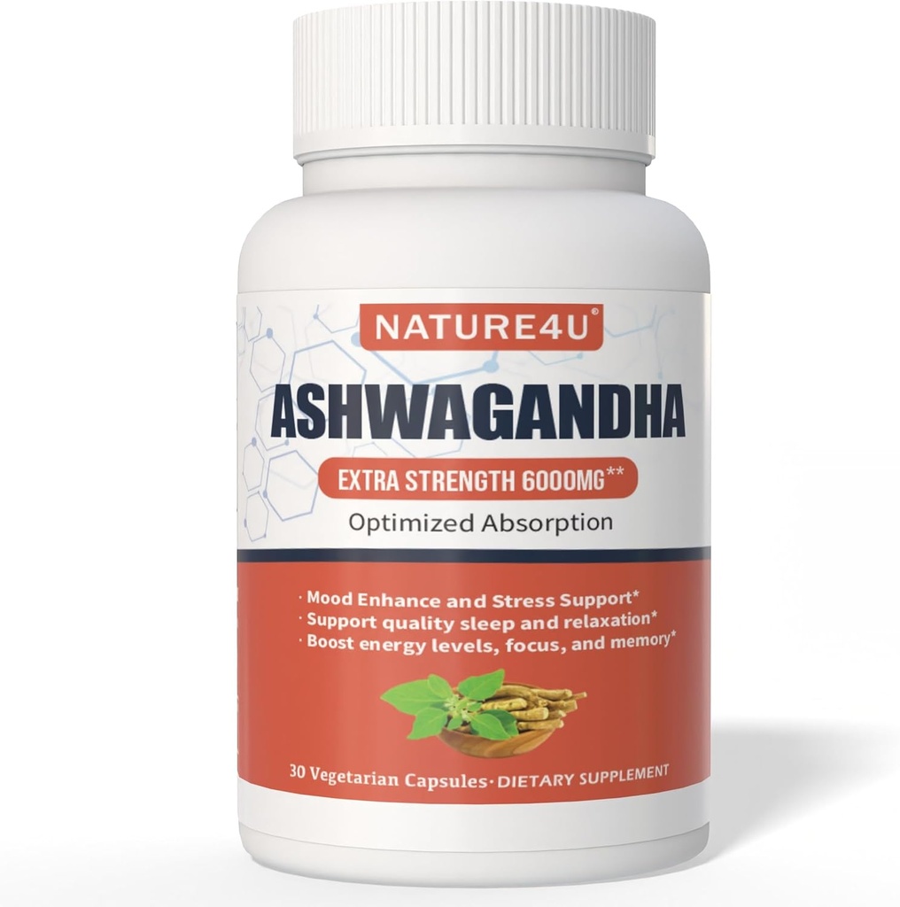 Ashwagandha 6000 מ"ג כוח מקסימלי, אופטימיזציה של Absorption עם Black Pepper ו-Ging Root, Natural Fitogen Mood & Stress Support, Sleep & Energy Support, 30 קפסולות טבעוניות 1 חודש