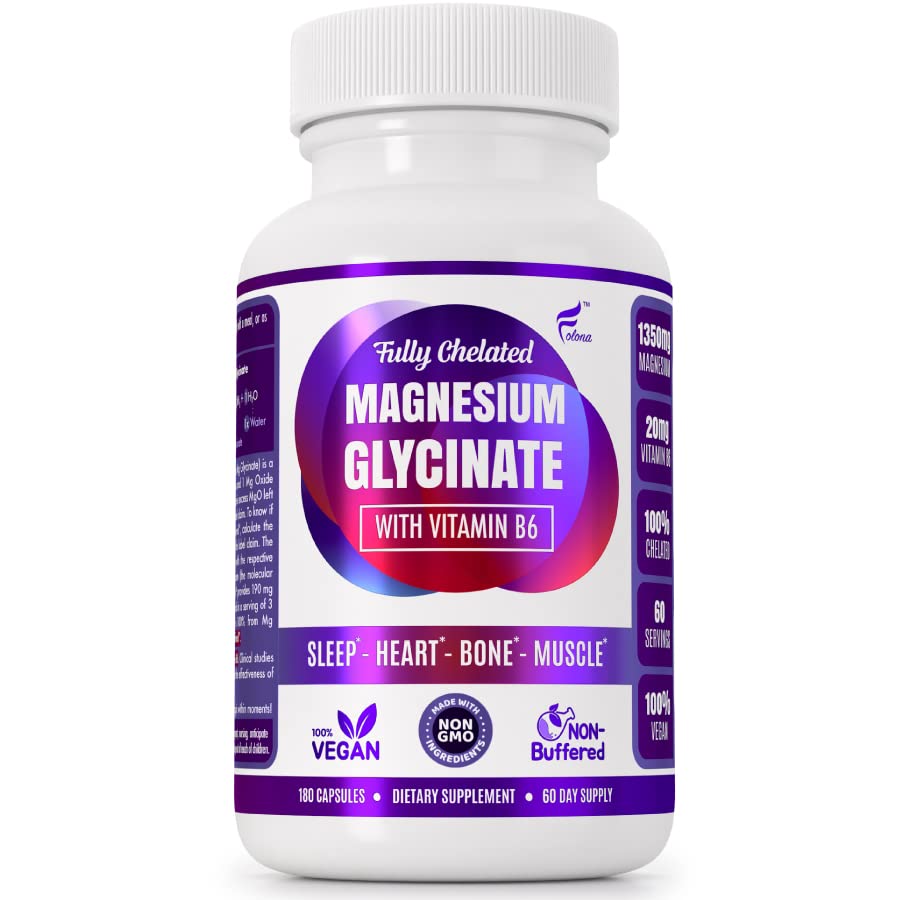 מגנזיום Glycinate עם ויטמין B6 מחקר פרובנס כדי לשפר את Absorption, 1350 מ"ג Fully Chelated - תמיכה שינה, הקלה מתח, אנרגיה, שריר Cramps - Gluten Free, NonGMO, 180 קפסולות טבעוניות