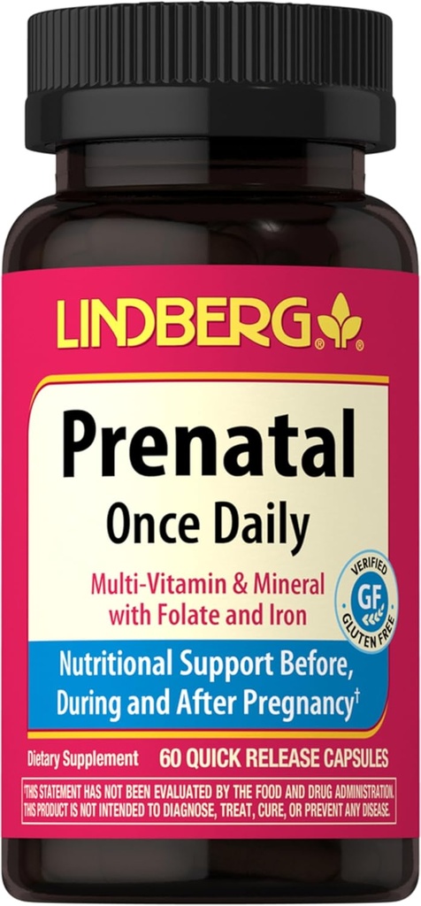 Lindberg Prenatal ויטמינים לנשים | 60 קפסולות | Multivitamins ומינרלים עם ברזל ו Folic Acid | תוספת יומית | Non-GMO, Gluten Free