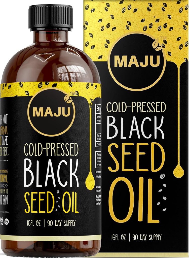 שמן זרעי הנפט השחור של MAJU 16oz: 3X Thymoquinone, Cold Pressed, 100% טורקי Black Cumin Nigella Sativa שמן (טוב יותר אורגני), non-GMO, 100% שמן שחור נוזלי, זכוכית בקבוק