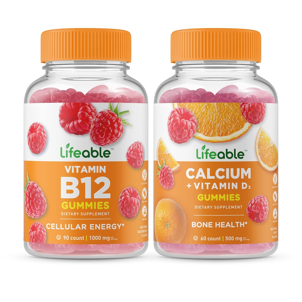 ויטמין B12 + Calcium עם ויטמין D, Gummies Bundle - גדול Tasting, ויטמין תוסף, Gluten חינם, GMO חינם, Chewable