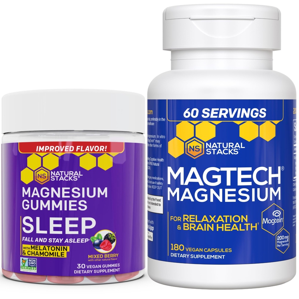 Natural Stacks Magtech Magnesium + Sleep Magnesium Citrate Gummies Bundle - 4 טפסים של מגנזיום - תמיכה מרגיעה ובריאות המוח * - 210 חתיכות