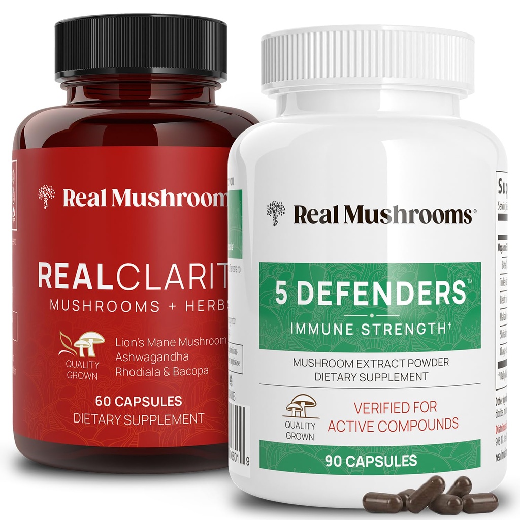 Real Mushrooms RealClarity (60ct) ו- 5 Defenders (90ct) קפסולות בונדלה - תוספת Mushroom עבור בהירות נפשית, פוקוס וכוח החיסון - טבעוני, non-GMO, רמות מאומתות של Beta-Glucans