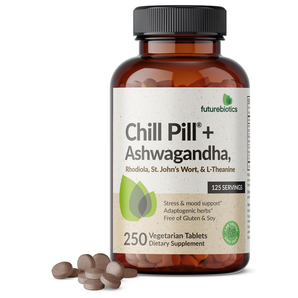 Futurebiotics Chill Pill + Ashwagandha, Rhodiola, St. John's Wort, & L-theanine - Non-GMO, 250 טבליות צמחוניות