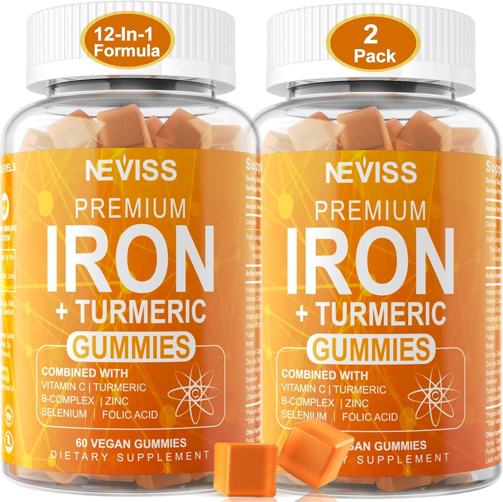 חניכיים ברזל + Turmeric 600 מ"ג לנשים גברים, תוספת ברזל עם Multivitamins C, A, B-Complex, Folate, Zinc for Iron Deficiency, Anemia and Energy, Gentle, non-constipating, Chewable, 2 Pack