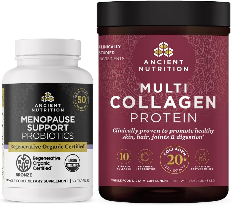 תזונה עתיקה regenerative אורגני מוסמך Probiotics for Menopause, 60 Count + Multi Collagen חלבון אבקת Unflavored, 45 משרתים