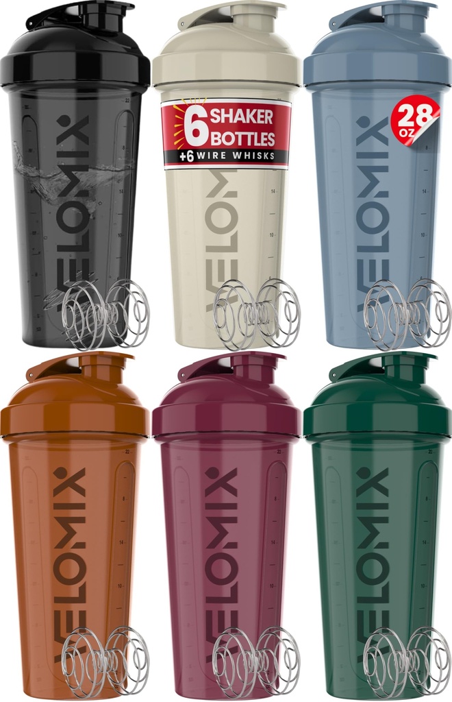 VELOMIX -6 PACK- 28 oz חלבון שיקר בקבוק למיקס חלבונים - 6x Wire Whisk | Leak Proof Shaker Cups forחלבון Shakes | חלבונים שיקר בקבוק | חבילת חלבונים | כדור הארץ