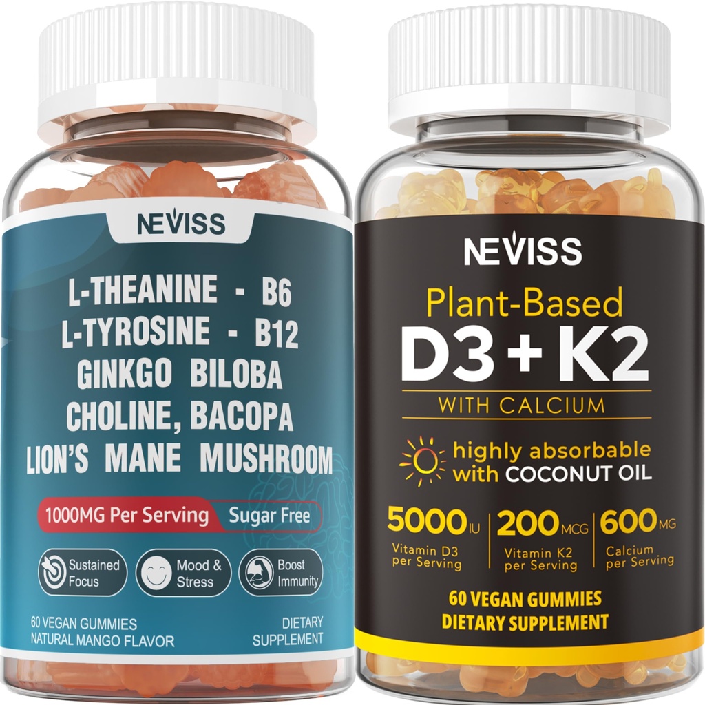 NEVISS סוכר חינם L-Tyrosine L-theanine Gummies 120 Counts + סוכר חינם D3 5000IU K2 חניכיים 120 ספירות