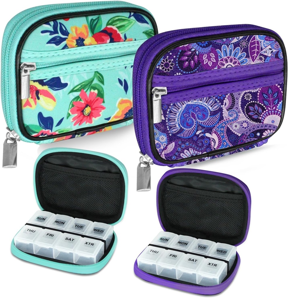 Serfeymi® Travel Pill Productionser Pill Case for Purse with Removable 7 Day Pill Box, fashionable Travel Medicine Suiteer Pill Container for Medicine, ויטמין, תוסף ירוק 01 + Purple 01 + Purple 01