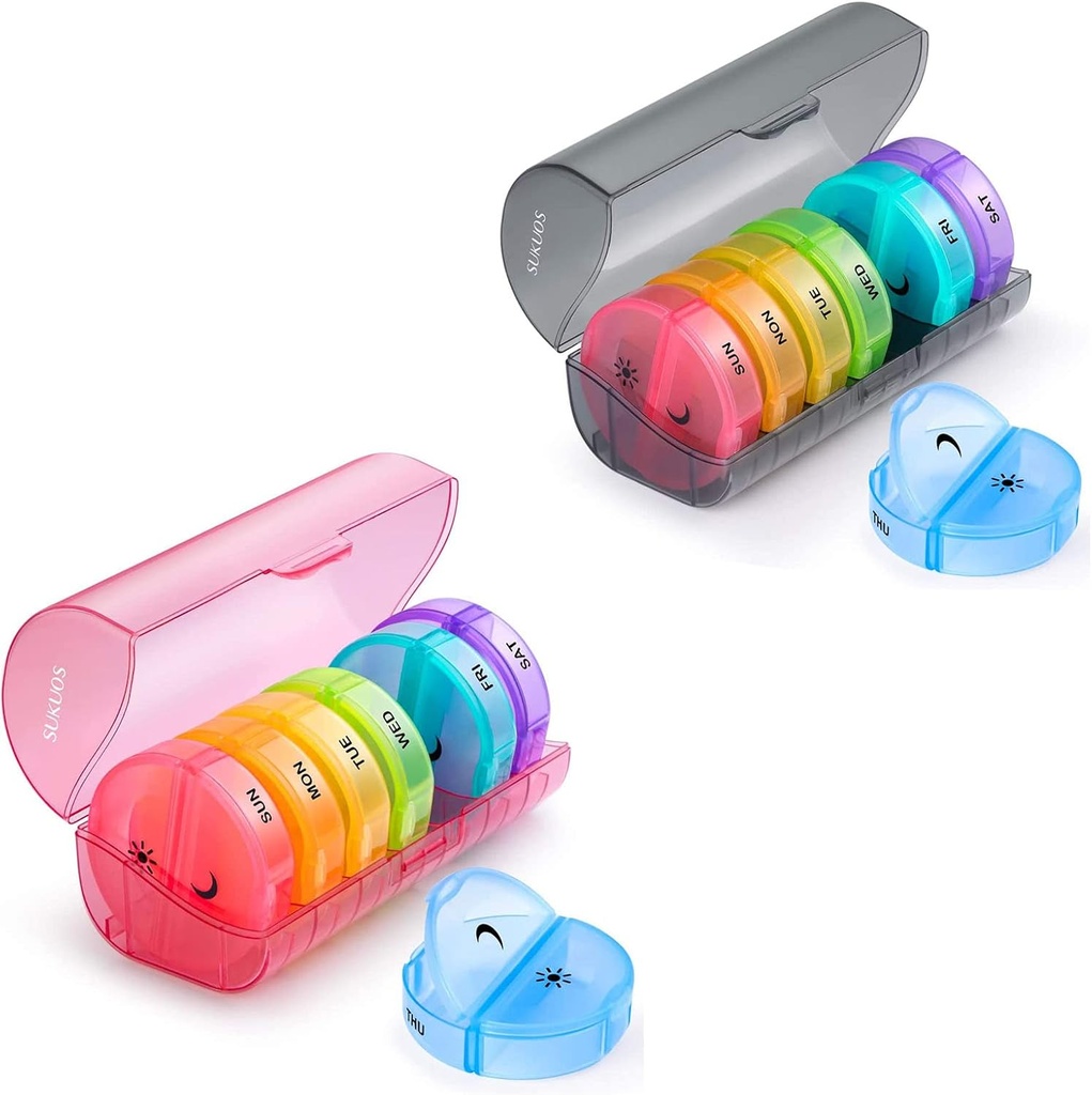 2 Pack Weekly Pill Productionser 7 Day 2 פעמים ביום, Sukuos Large Daily Pill Cases for Pills/Vitamin/Fish Oil/Supplements, BPA Free Pill Box, Easy to ניקוי