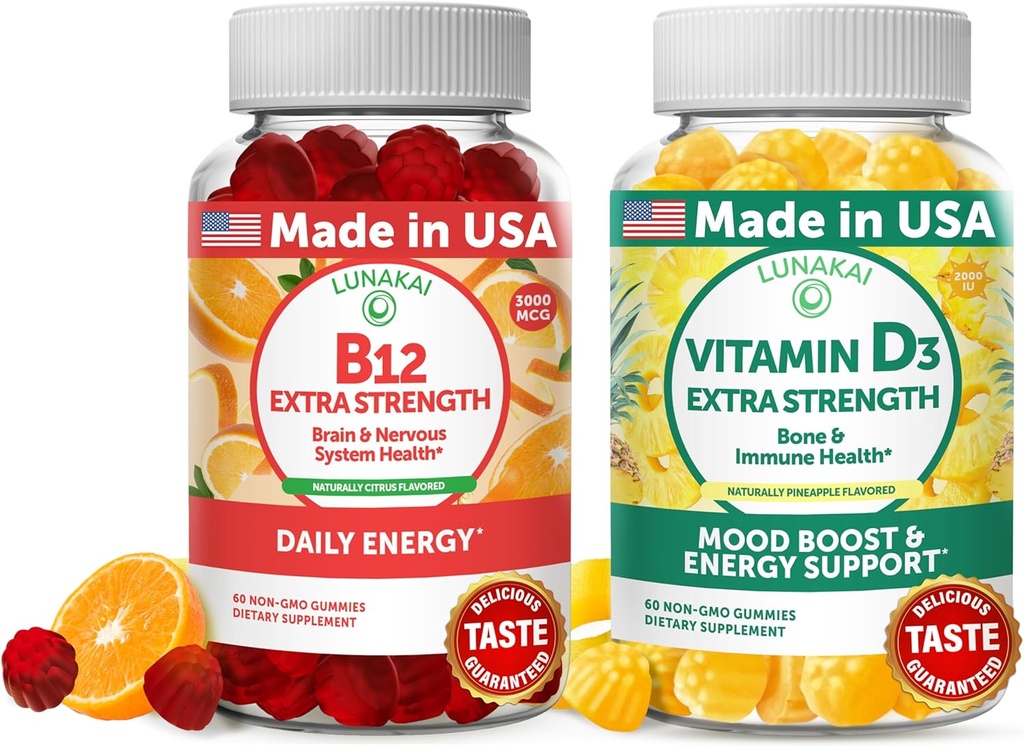 לונהקאי ויטמין B12 ווויטמין D3 Gummies Bundle - 3000 mcg B12 ו 25 mcg 1000 UI VIT D3 - Gluten Free, No Corn Syrup, אורגני, non-GMO, Plant Based Gelatin חינם