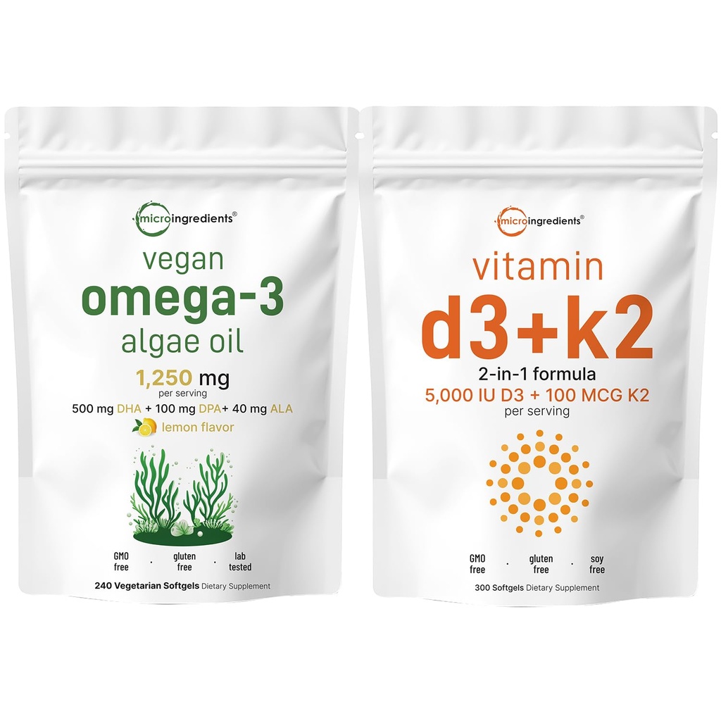 Micro Ingredients ויטמין D3 5,000iu + K2 100mcg Softgels & אומגה 3 שמן Algae שמן תוספת Bundle 2 Pack | Essential Sunshine ויטמיניםs | אומגה 3 Full Spectrum Alternative to Fish Oil