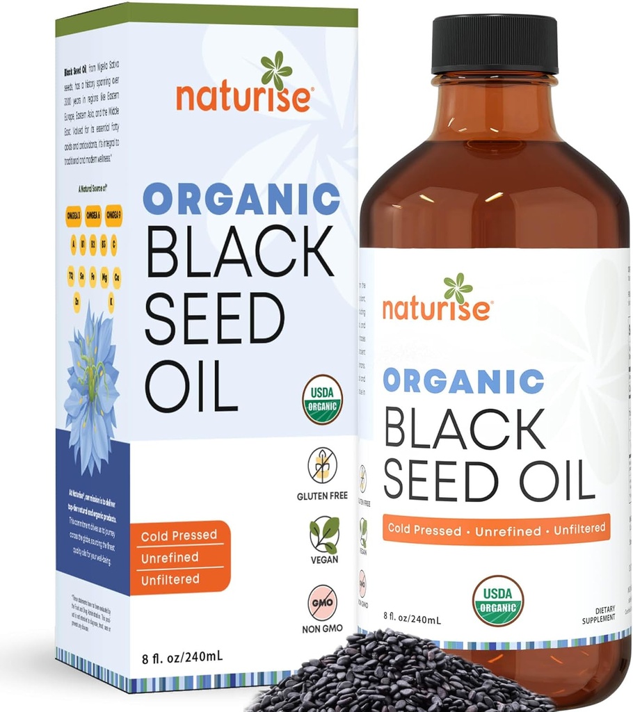 שמן זרעי שחור אורגני (Nigella Sativa, Cumin Seed) קר Pressed non-GMO, 8 oz Glass בקבוק מקור של חומצות שומן חיוניות, אומגה 3 6 9'