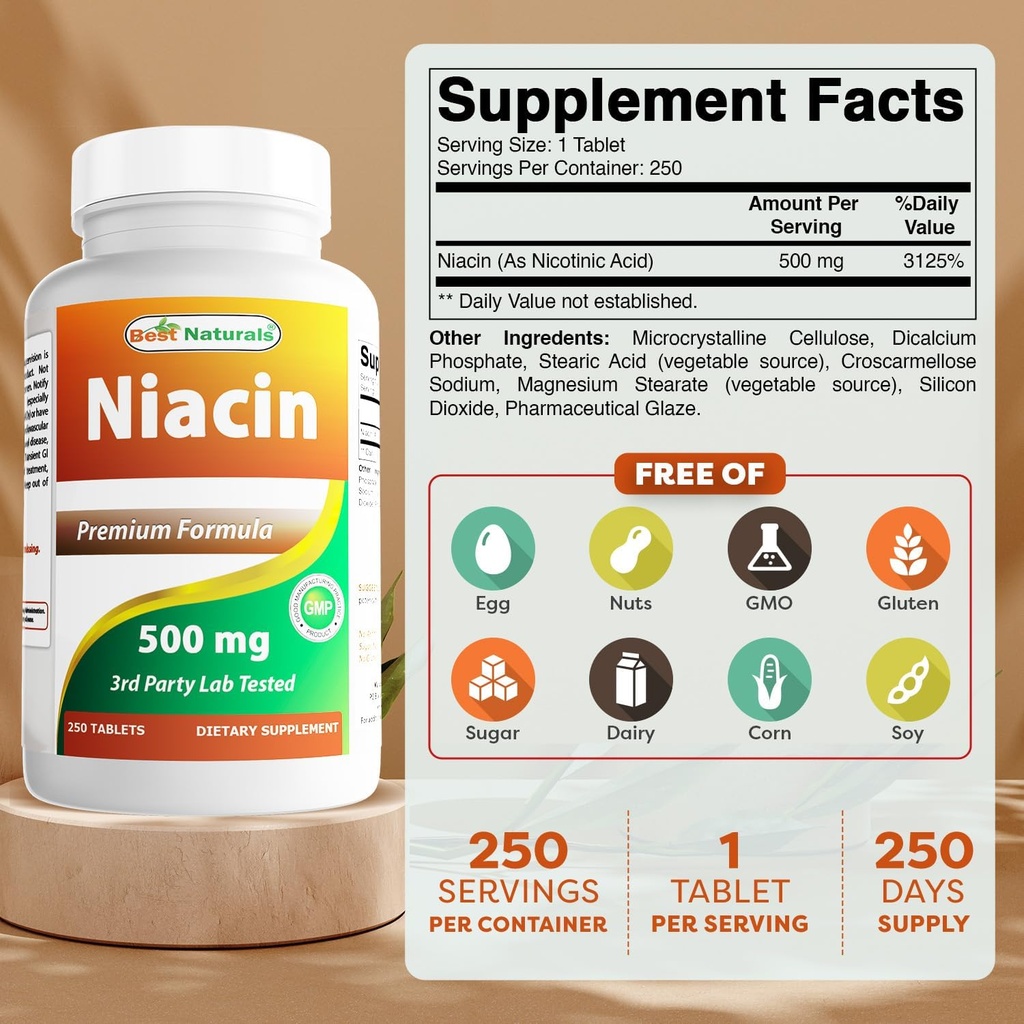 Best Naturals Niacin 500 מ"ג 250 טבליות עם Flushing - נקרא גם ויטמין B3 (250 Count (Pack of 2))