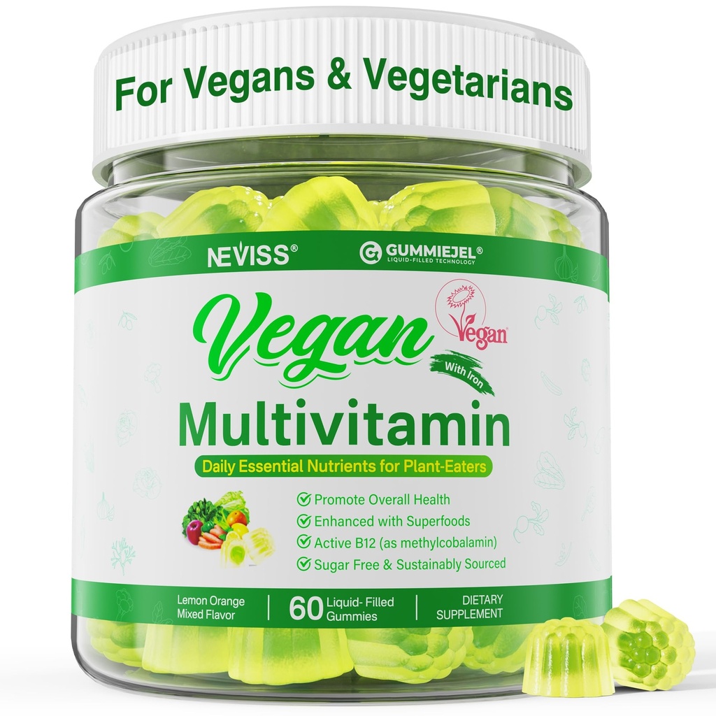 NEVISS טבעוני Multivitamin for Women & Men w/Methyl B12, D3 K2, Plant Based אומגה 3 (DHA+EPA), Iron, Choline, Zinc, Whole Food Daily Gummies for Vegans & Vegetarians, Sugar Free, 60Cts