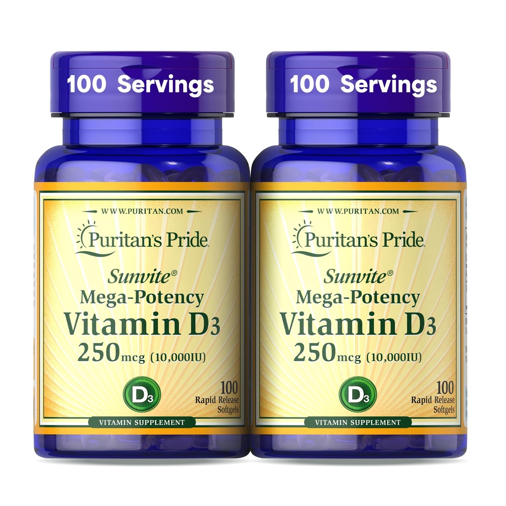 גאווה של Puritan's Pride Premium SunviteTM Mega-Potency ויטמין D3 10,000 IU, תוספת תזונתית עבור עצמות בריאות, שיניים, ו- Immune System Support, 100 Rapid Release Softgels