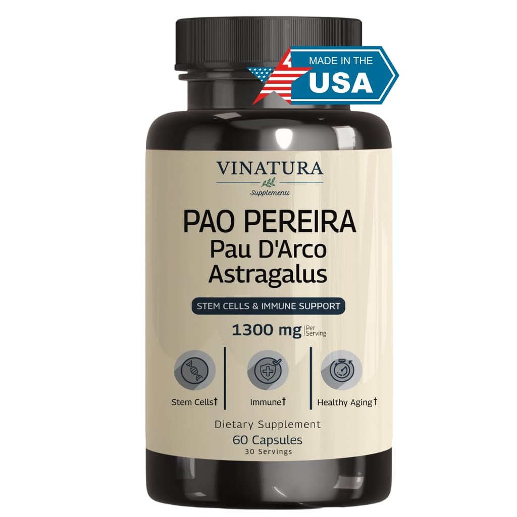 VINATURA Pao Pereira + PAU D'Arco, Astragalus - 1300MG משרת, USA Made & Tested, Stem Cells and Immune Support, 60 קפסולות