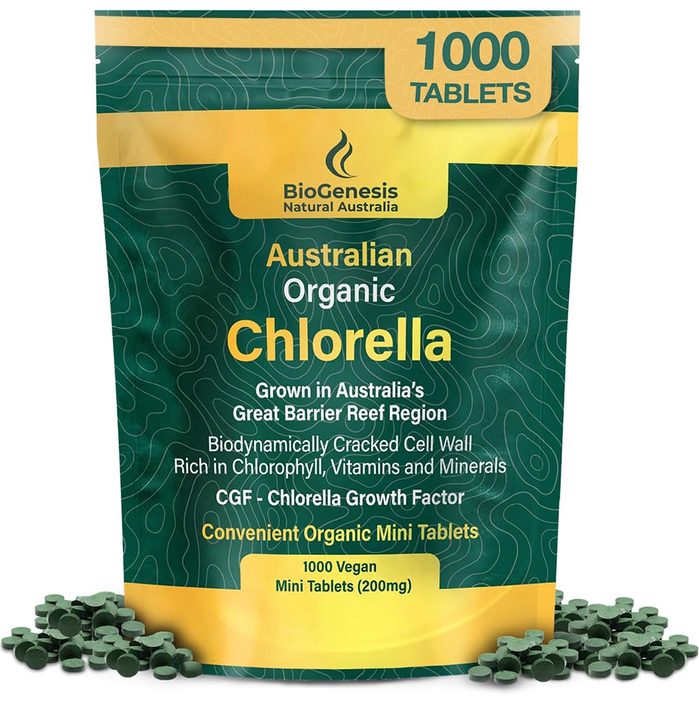 Biogenesis אורגני Chlorella מיני טבליות - 1000 Count (200 מ"ג) | אוסטרלים Grown | Rich in Chlorophyll, ויטמינים ומינרלים | תומך באנרגיה ובאינטימיות | מיני טאבלטים טבעוניים