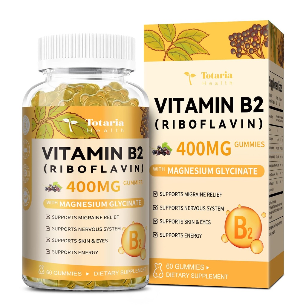 Totaria ויטמין B2 חניכיים, סוכר חינם Riboflavin 400 מ"ג תוספת למבוגרים וילדים עם Magnesium Glycinate 400 מ"ג, COQ10 & Elderberry, Skin & Nervous System תמיכה, non-GMO, 60 מסטיקנים