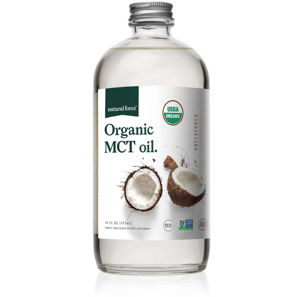 Natural Force Organic MCT Oil – Pure Glass Bottle – Made from 100% Virgin Coconut Oil + Certified Keto, Paleo, Kosher, Vegan & Non-GMO – Lab Tested for Quality and Purity - 16 Ounce