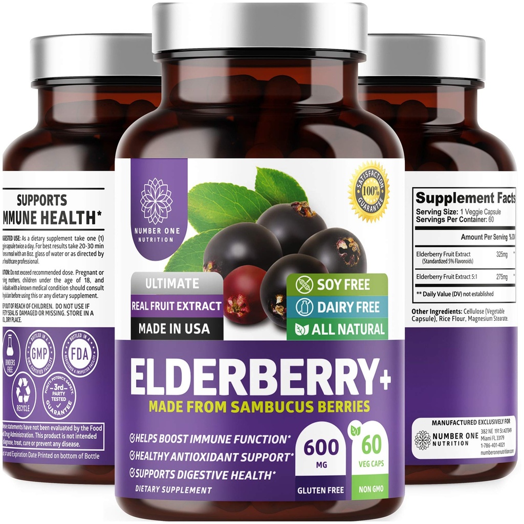 N1N Premium Black Elderberry קפסולות למבוגרים (Max Strength) טהור ופוטנט קברי מ סמבוקוס Nigra לתמיכה ב- Immunity & Skin Health, Non-GMO, Gluten Free, 60 Veg Caps