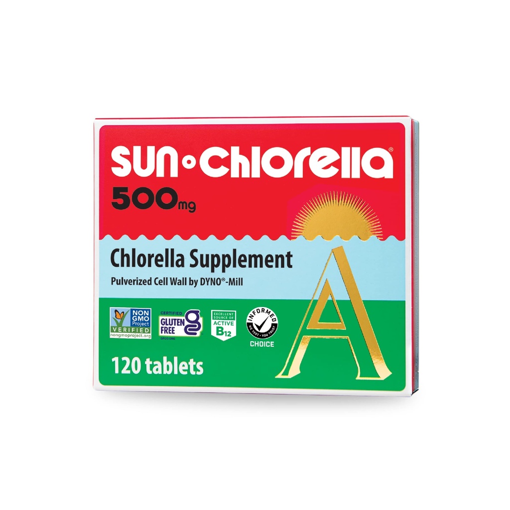 Sun Chlorella 500 מ"ג כל הגוף ירוק Algae Superfood תוסף - Immune Defense, Gut Health, Natural Purification, Energy Boost - Chlorophyll, B12, Iron, חלבונים - non-GMO - 120 טבליות