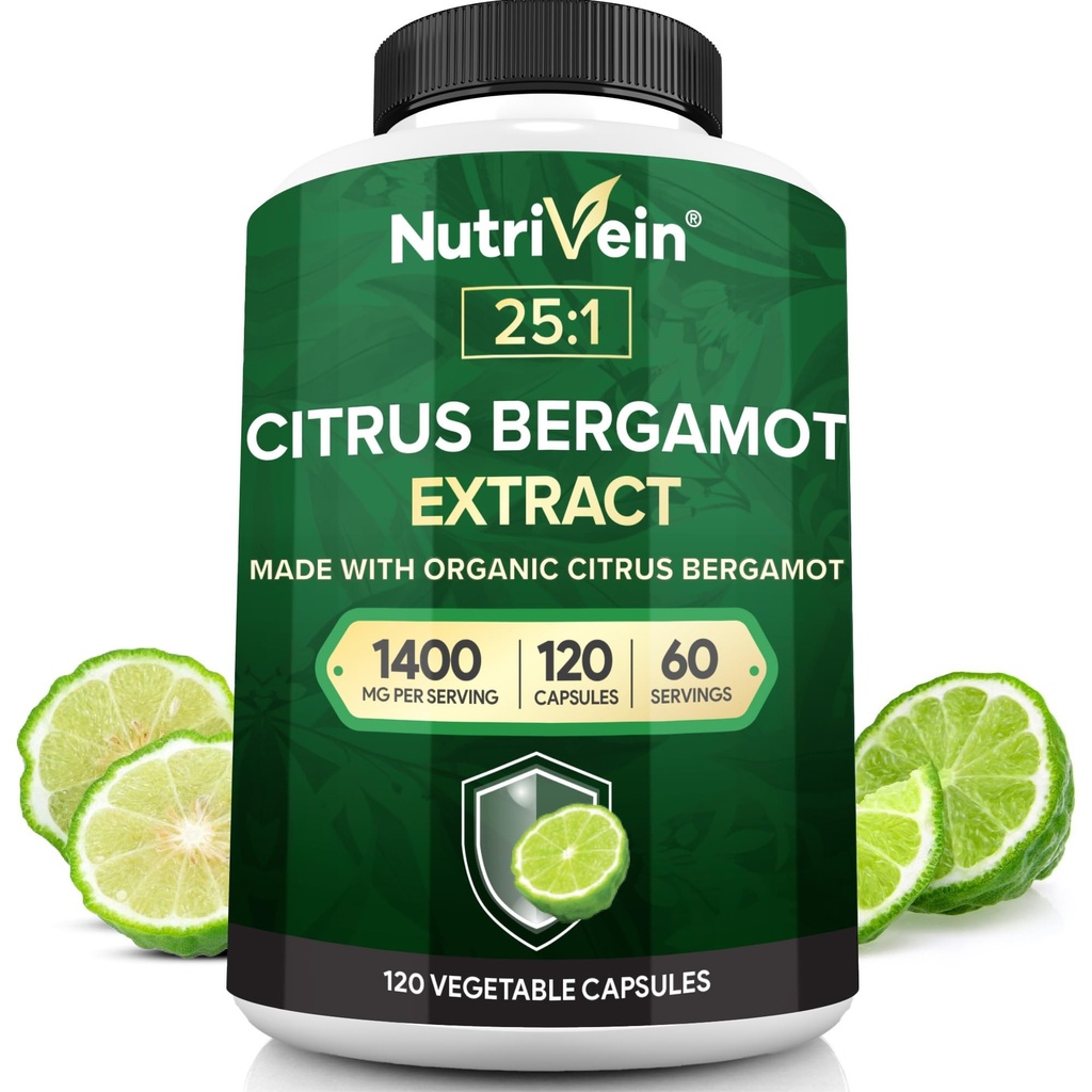 מזון מזינים Premium Citrus Bergamot תוסף 1400mg 25:1 Bergamia Extract - 60 יום אספקה (120 קפסולות): Powerful Italian Citrus Bergamot 1400 מ"ג + ריכוז גבוה - Heart and Circulatory System