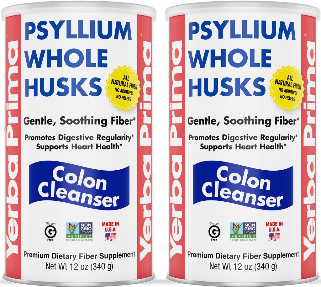 Yerba Prima Psyllium Whole Husks, קולון ניקוי 12 oz (Pack of 2) - All Natural Dietary סיבים, Pure Premium Psyllium, Lab-Tested Non-GMO, Gluten-Free סיבים, Made in the USA