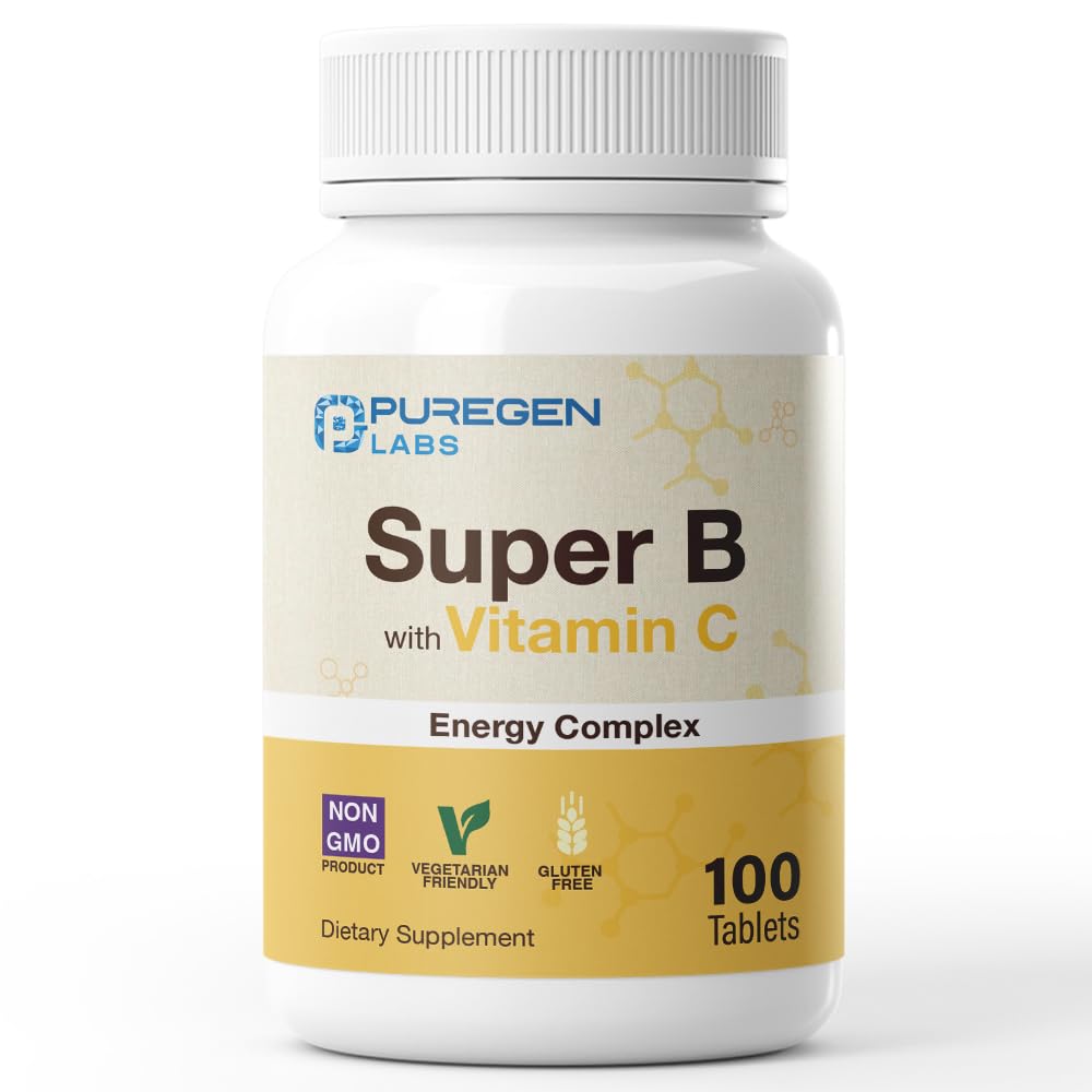 Puregen Labs Super B Energy Complex with ויטמין C - Immune Health, Energy & Nervous System Support - Non-GMO, Gluten-Free 100 טבליות צמחוניות