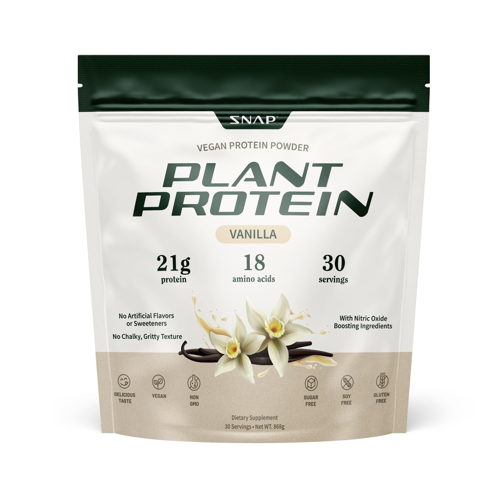 Snap Supplements אורגני צמחי מבוסס אבקת חלבון טבעוני Nitric Oxide Boosting אבקת חלבון, Vanilla Bean, BCAA Amino Acid עבור צמיחה שרירים, ביצועים ושיקום - 30 משרתים (Vanilla)
