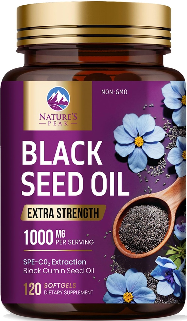 Black Seed Oil 1000 מ"ג - Premium תוספת כוח Nigella Sativa Blackseed Oil - Black Seed Oil Skin, Digestive Health & Immune Support - non-GMO Antioxidant, Gluten Free Supplement - 120 Softgels