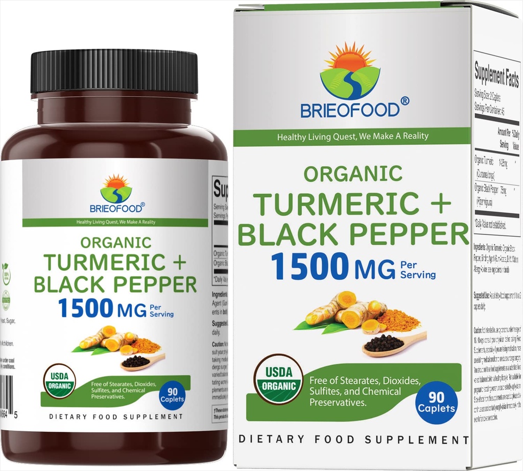 Brieofood אורגני Turmeric עם Black Pepper 1500 מ"ג, 45 משרתים, Vegetarian, Gluten Free, 90 טבליות צמחוניות
