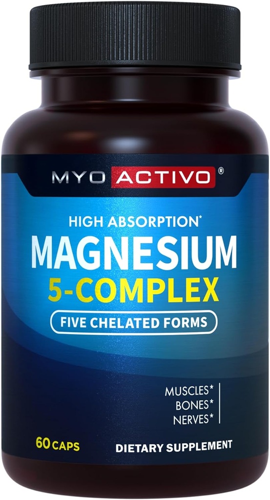 5-in-1 Magnesium Complex - High Absorption - Chelated Magnesium Glycinate, Malate, Citrate, Tairate, & Aspartate for Nerves, השרירים, העצמות | 60 קפסולות | מגנזיום