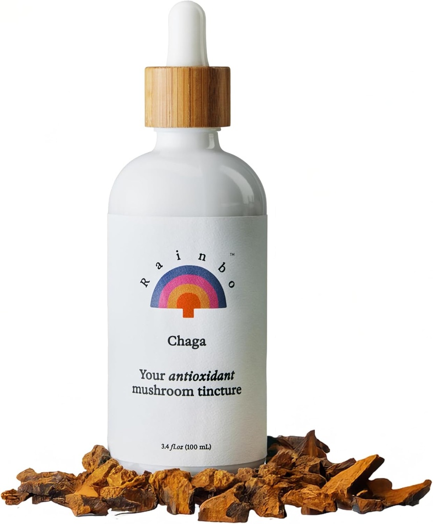 Rainbo - Chaga Mushroom Tincture - תוספת כפולה של Mushroom - תמיכה חיסונית, תמיכה סלולרית, תוסף Chaga נוזלי, טבעוני, Non GMO, 3.4 oz