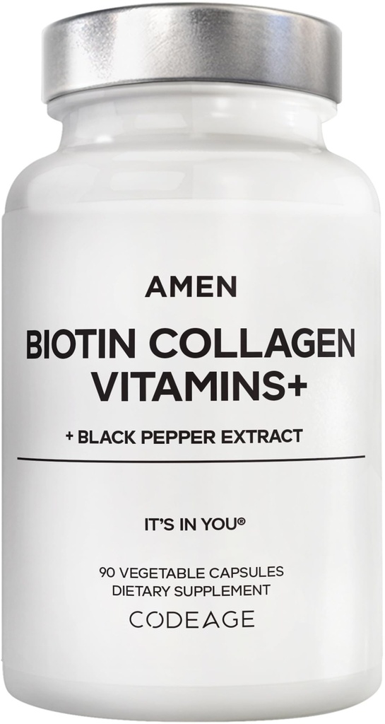 Amen Biotin Collagen ויטמינים + 10,000 mcg Biotin תוסף - hydrolyzed Collagen, ויטמינים C & E, Folate, Hyaluronic Acid, Keratin, MSM, Saw Palmetto - 3 מונטה אספקה - Non-GMO - 90 קפסולות