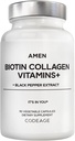 Amen Biotin Collagen ויטמינים + 10,000 mcg Biotin תוסף - hydrolyzed Collagen, ויטמינים C & E, Folate, Hyaluronic Acid, Keratin, MSM, Saw Palmetto - 3 מונטה אספקה - Non-GMO - 90 קפסולות